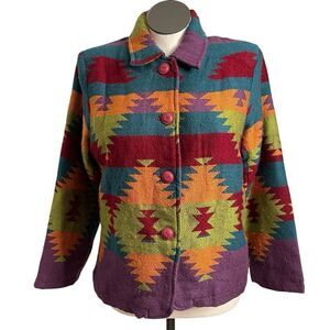 Vtg KEREN Hart Womens Wool Southwestern/Aztec Blanket Jacket L Tapestry Boxy Fit